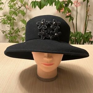 Chic Black Wool Women's Hat with Black Beaded Crystal Floral Accents